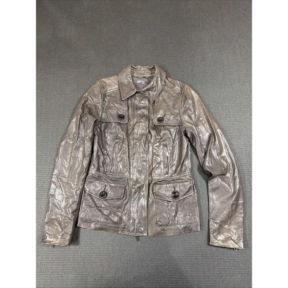 Vince Womens Soft Butter Leather Collared Zip Up Moto Jacket Brown Pockets Sz S